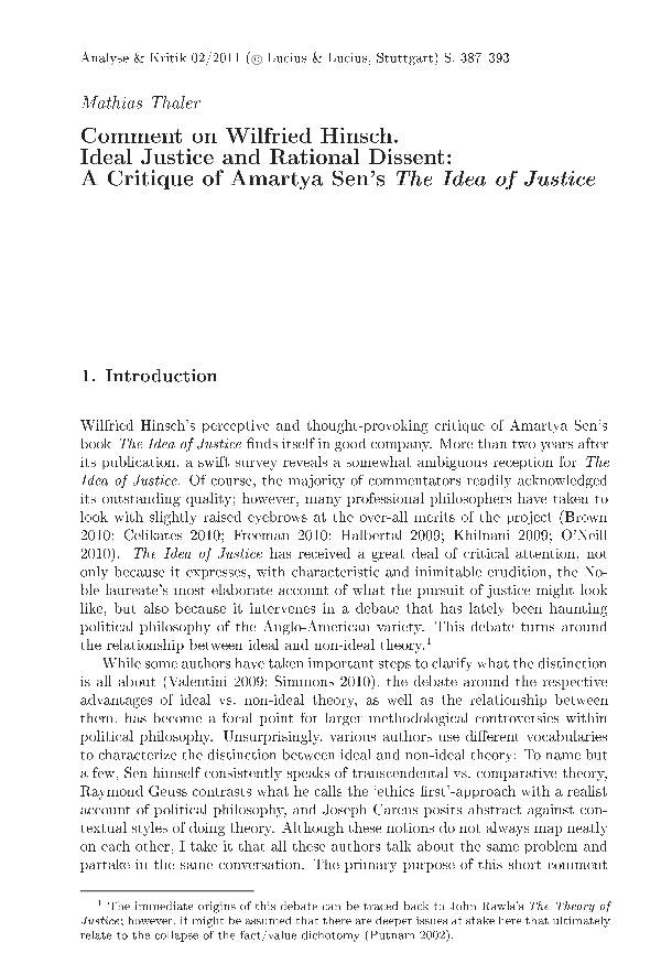 Comment on Wilfried Hinsch. Ideal Justice and Rational Dissent: a Critique of Amartya Sen's the Idea of Justice