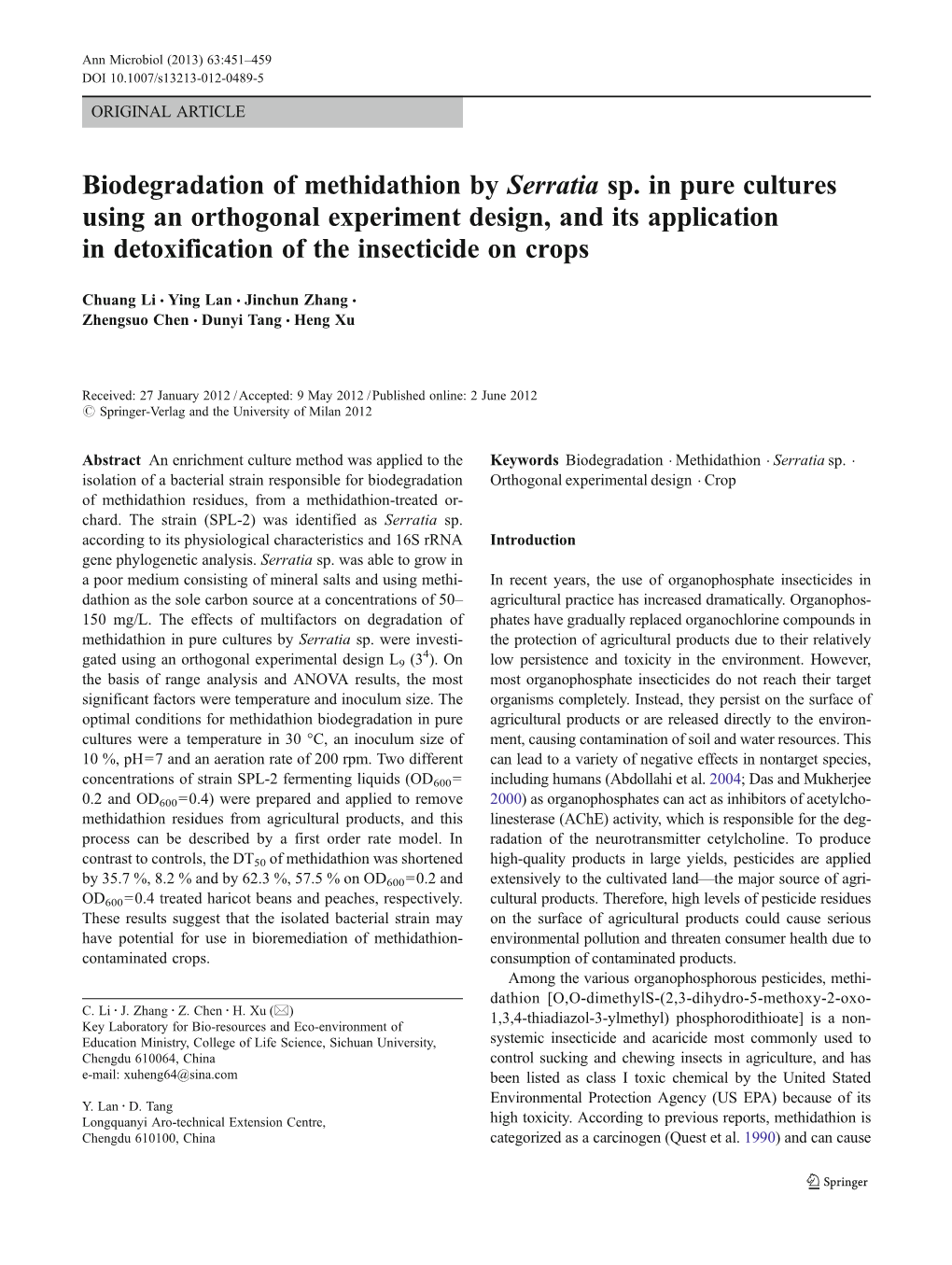 Biodegradation of Methidathion by Serratia Sp. in Pure Cultures Using
