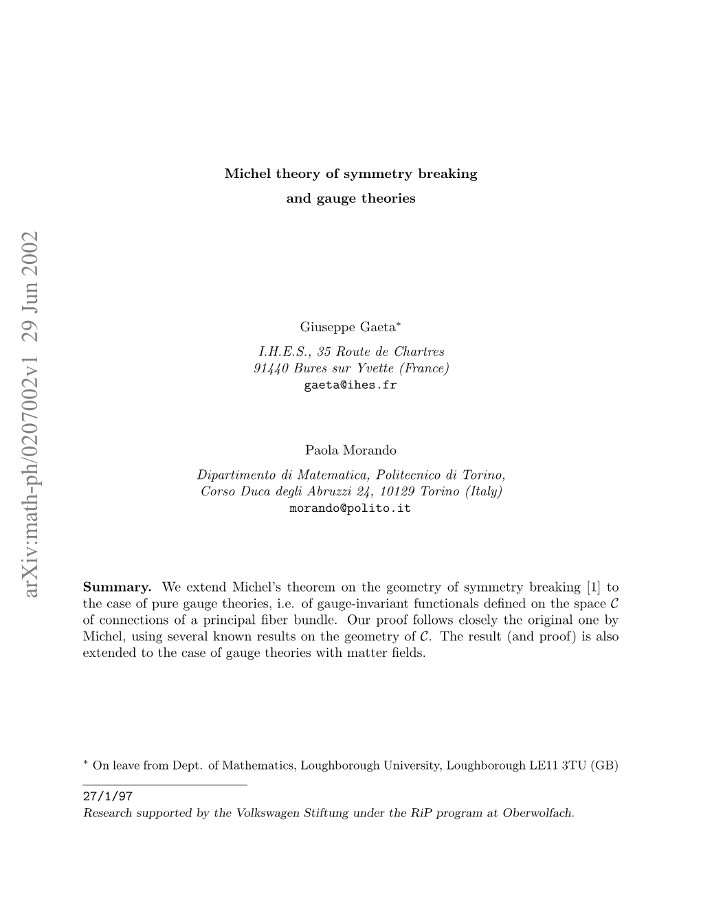 Michel Theory of Symmetry Breaking and Gauge Theories