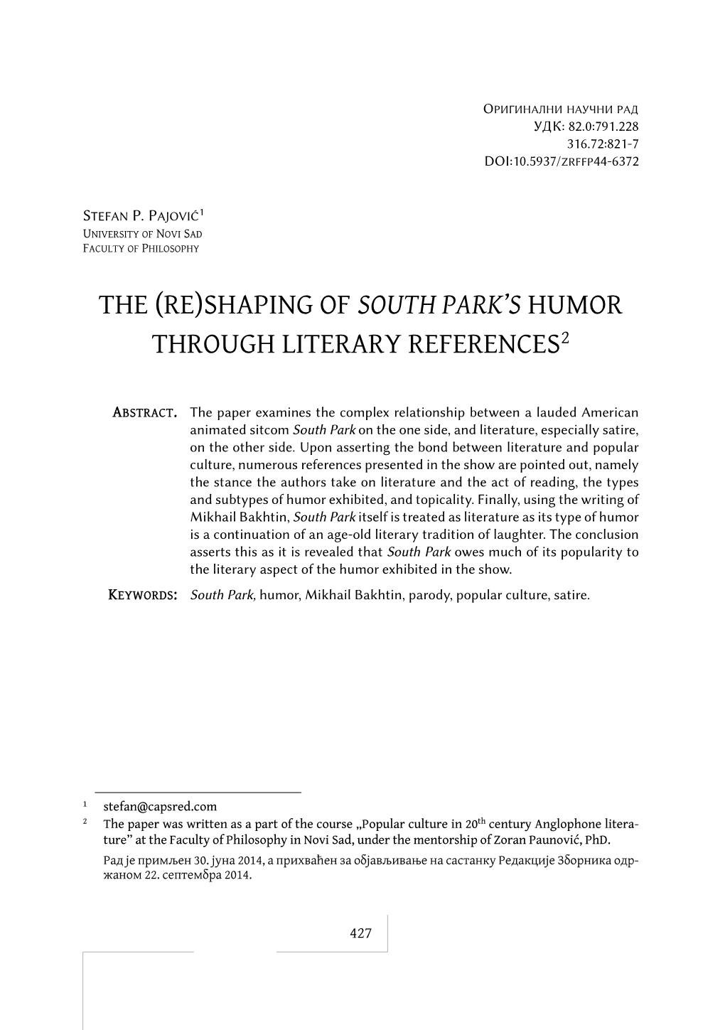 The (Re)Shaping of South Park's Humor Through