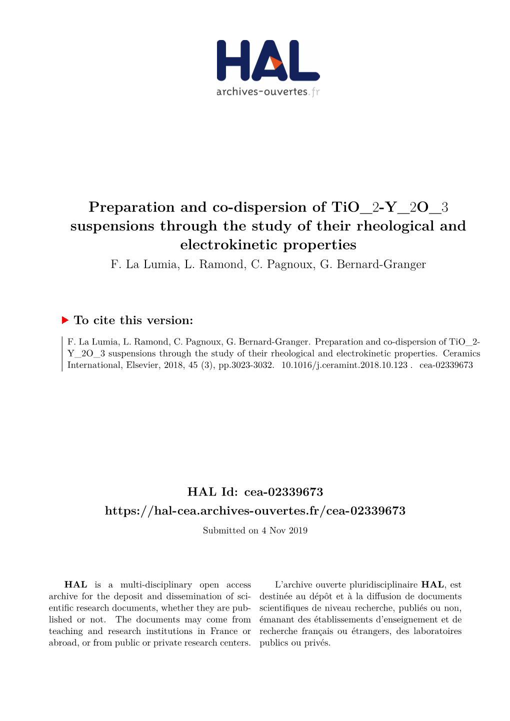 Preparation and Co-Dispersion of Tio 2-Y 2O 3 Suspensions Through the Study of Their Rheological and Electrokinetic Properties F