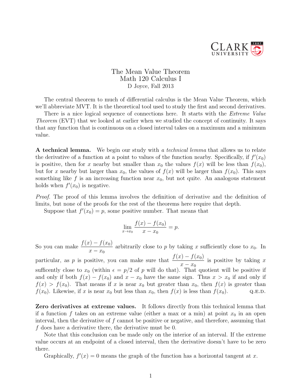 The Mean Value Theorem Math 120 Calculus I D Joyce, Fall 2013