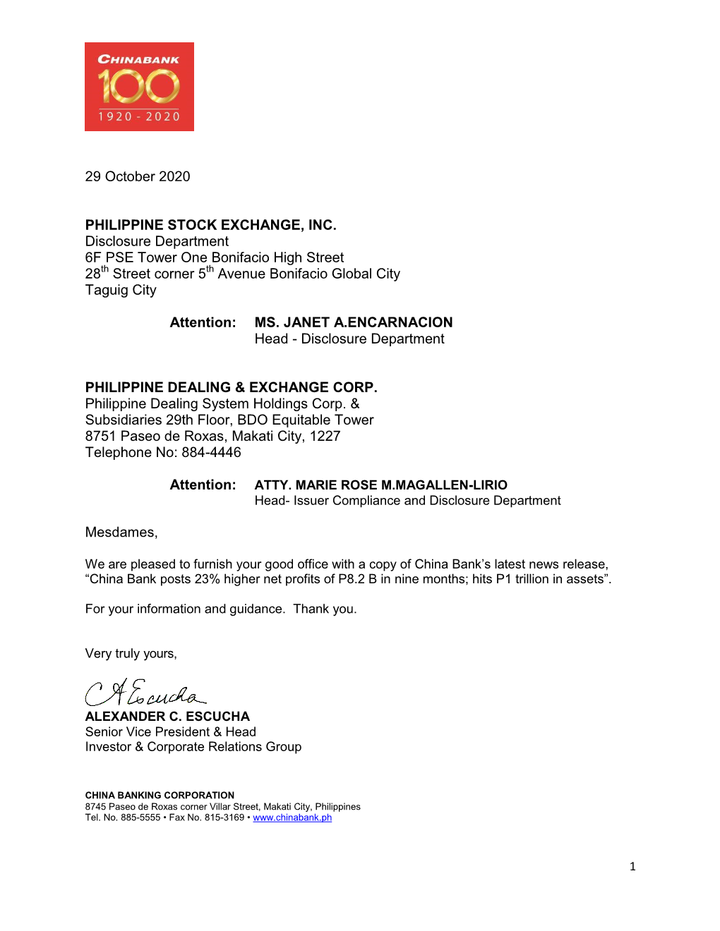 29 October 2020 PHILIPPINE STOCK EXCHANGE, INC. Disclosure