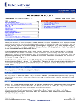 OBSTETRICAL POLICY Policy Number: ADMINISTRATIVE 200.17 T0 Effective Date: October 1, 2017