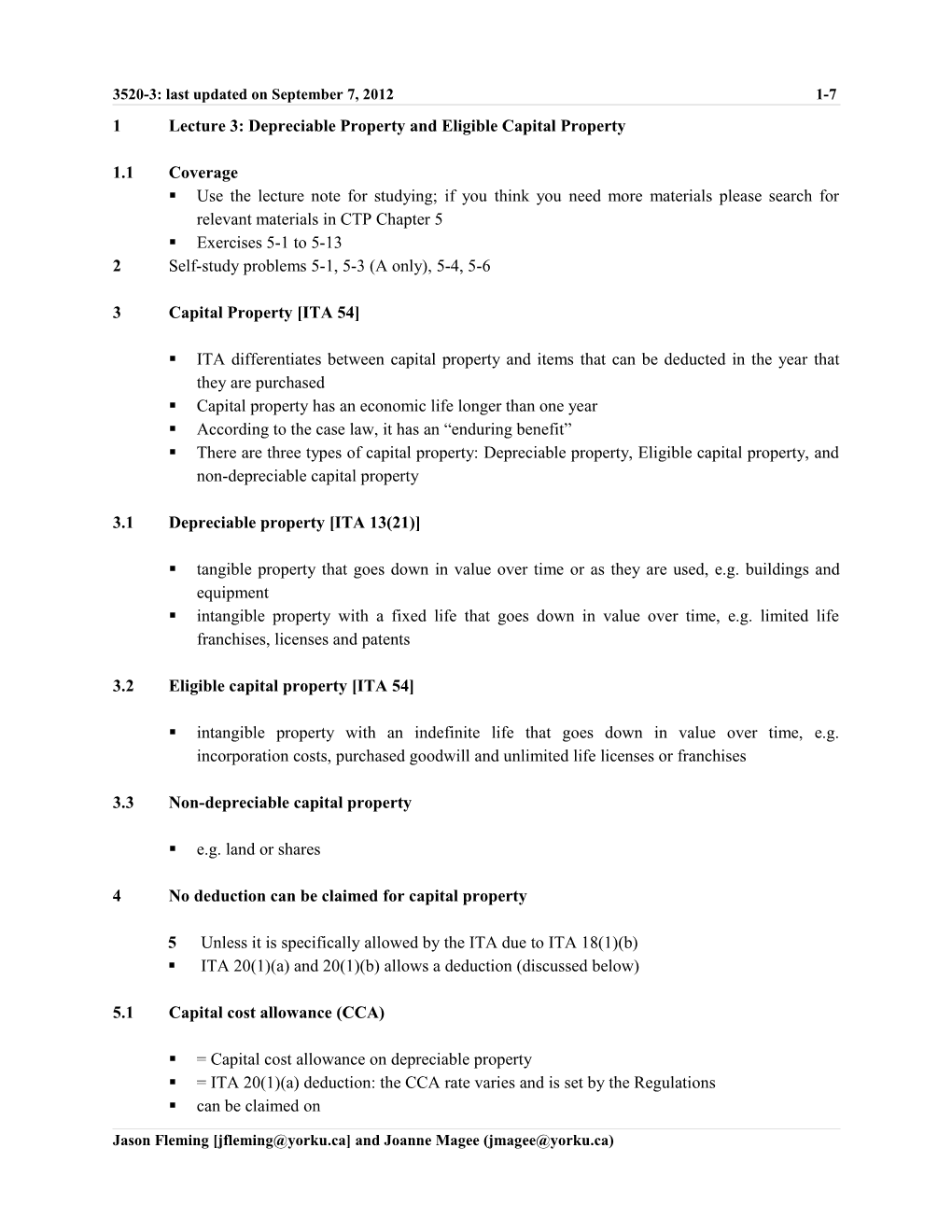 1 Lecture 3: Depreciable Property and Eligible Capital Property