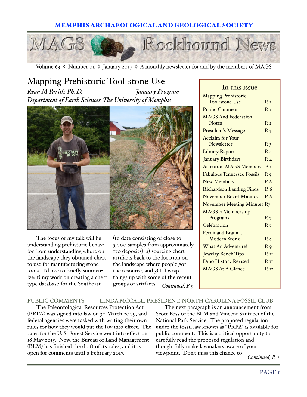 January 2017 ◊ a Monthly Newsletter for and by the Members of MAGS Mapping Prehistoric Tool-Stone Use in This Issue Ryan M Parish, Ph