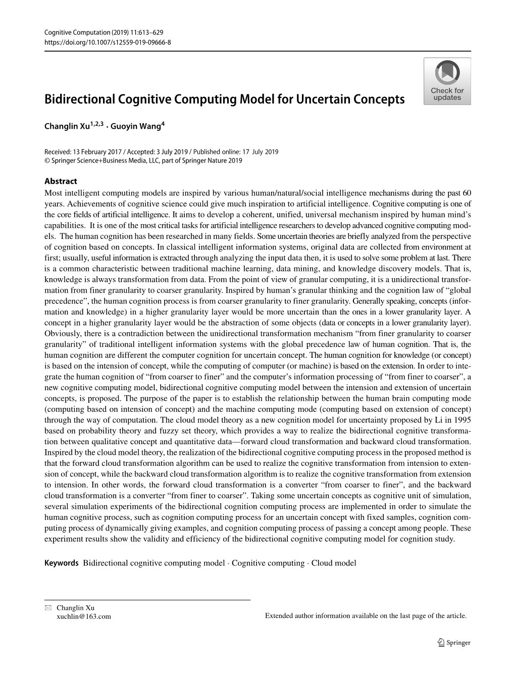 Bidirectional Cognitive Computing Model for Uncertain Concepts