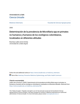 Determinación De La Prevalencia De Microfilaria Spp En Primates No Humanos Y Humanos De Los Zoológicos Colombianos, Localizados En Diferentes Altitudes