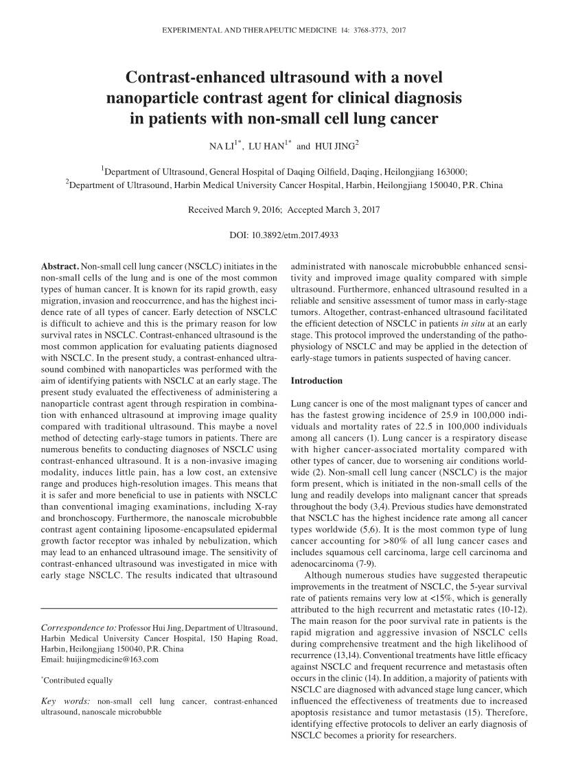 Contrast‑Enhanced Ultrasound with a Novel Nanoparticle Contrast Agent for Clinical Diagnosis in Patients with Non‑Small Cell Lung Cancer