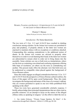 Women, Talking and Silence: 1 Corinthians 11.5 and 14.34-35 in the Light of Greco-Roman Culture