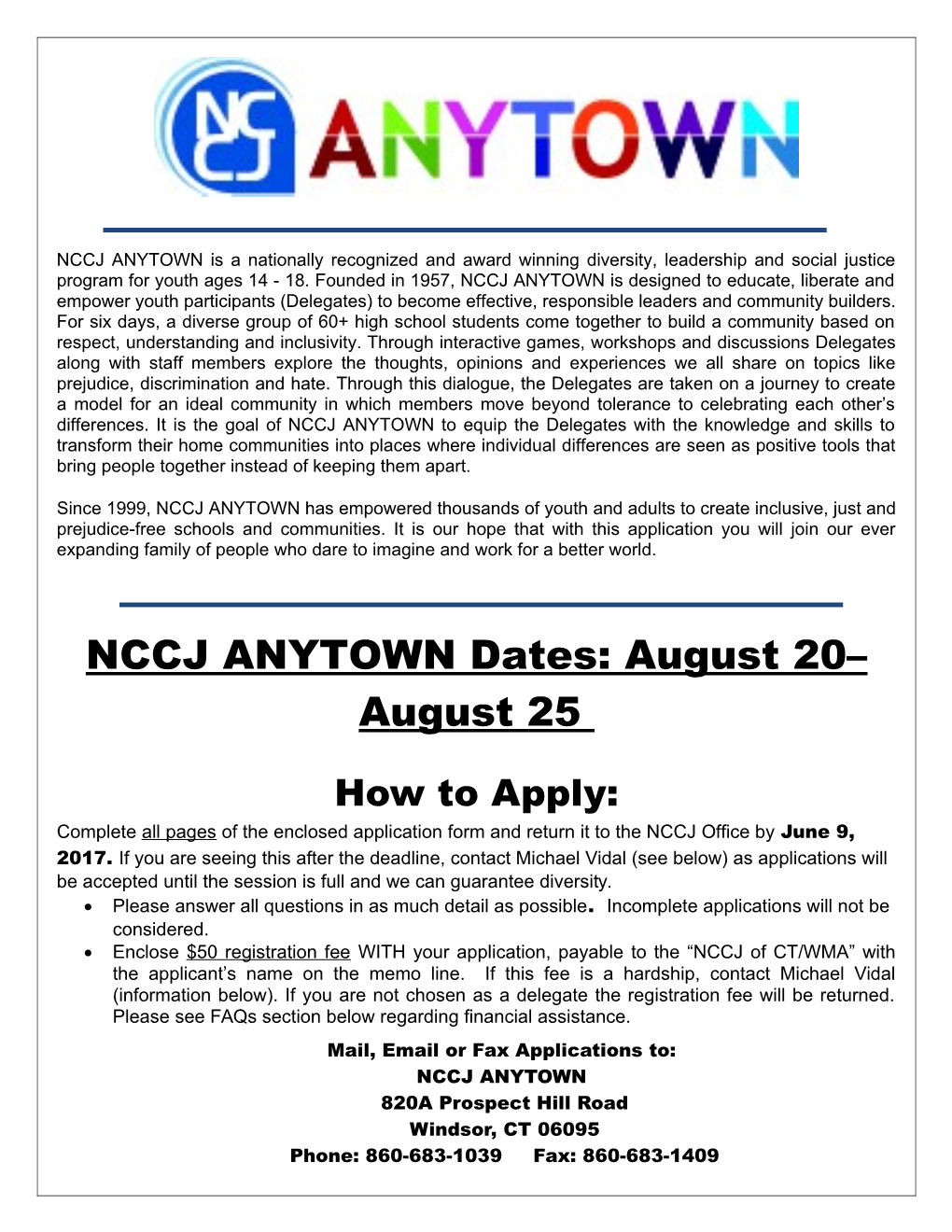 NCCJ ANYTOWN Is a Nationally Recognized and Award Winning Diversity, Leadership and Social