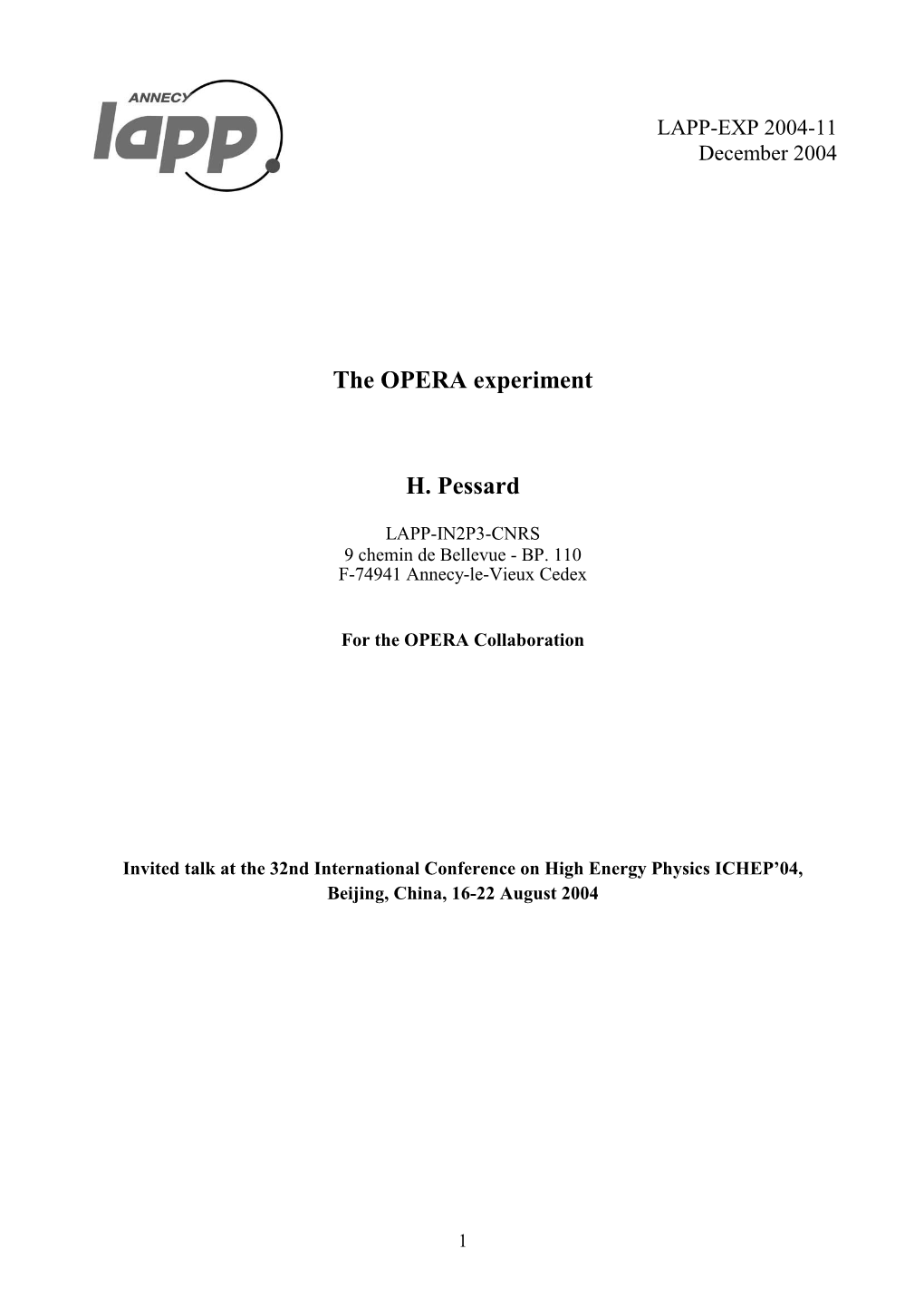 The OPERA Experiment H. Pessard