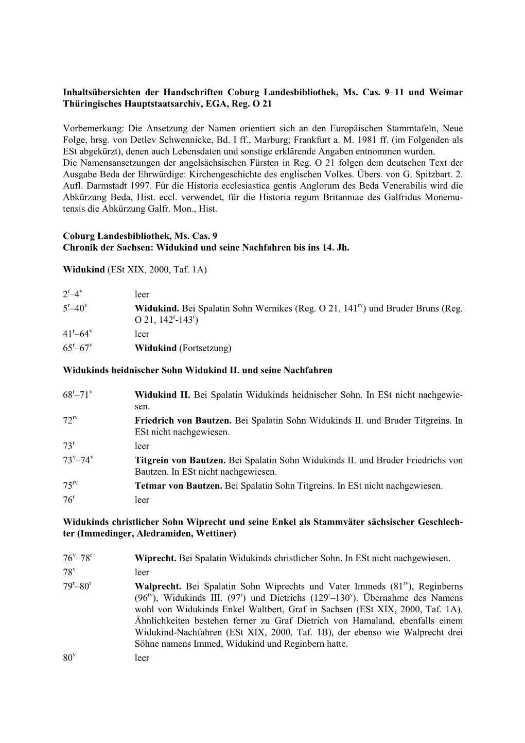 Inhaltsübersichten Der Handschriften Coburg Landesbibliothek, Ms. Cas