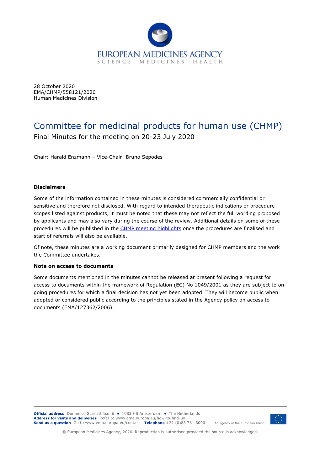 Minutes of the CHMP Meeting 20-23 July 2020