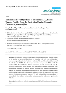 Isolation and Total Synthesis of Stolonines A–C, Unique Taurine Amides from the Australian Marine Tunicate Cnemidocarpa Stolonifera