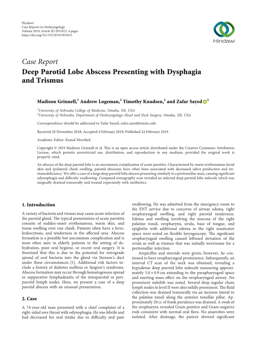 Case Report Deep Parotid Lobe Abscess Presenting with Dysphagia and Trismus