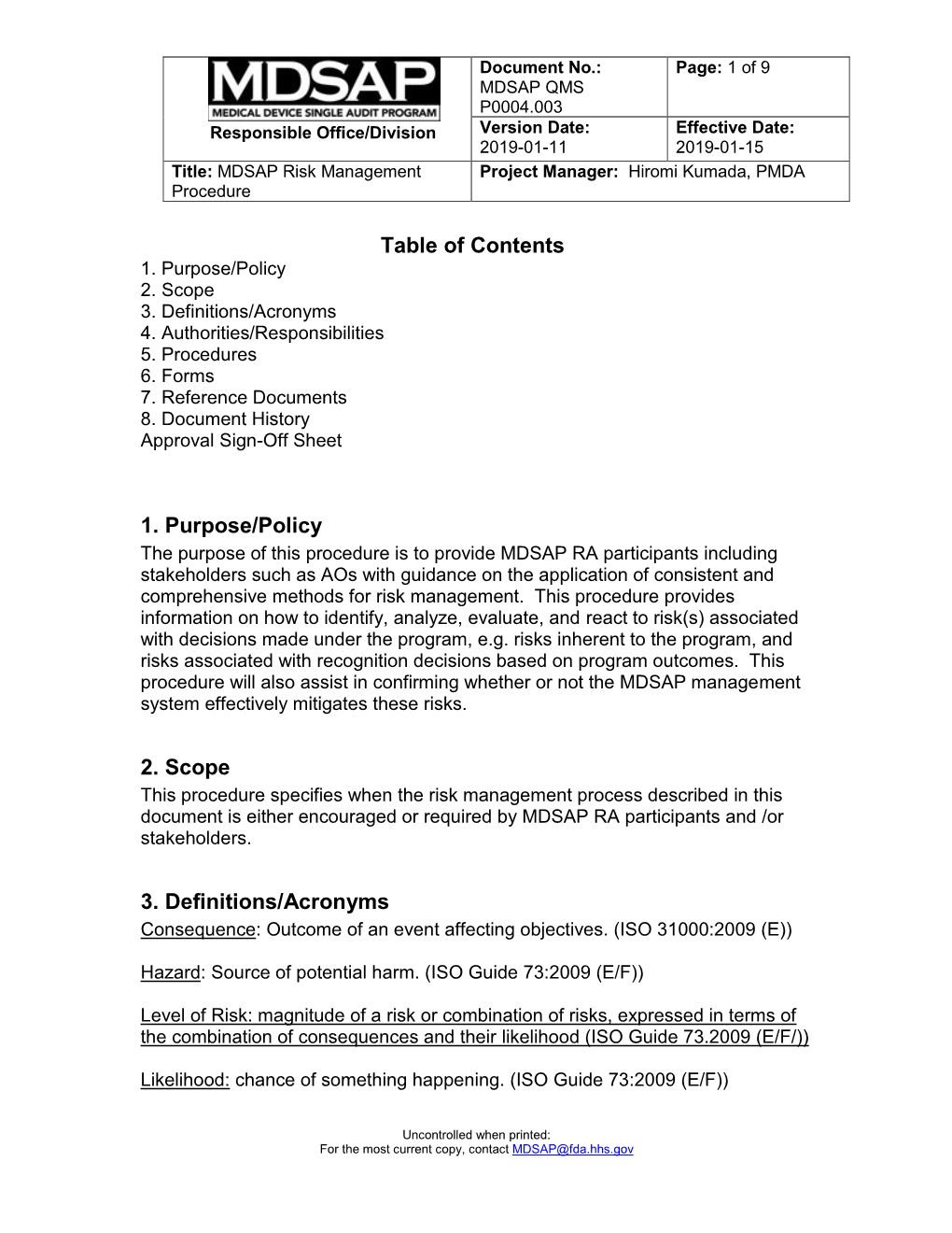 MDSAP QMS P0004.003: Risk Management Procedure