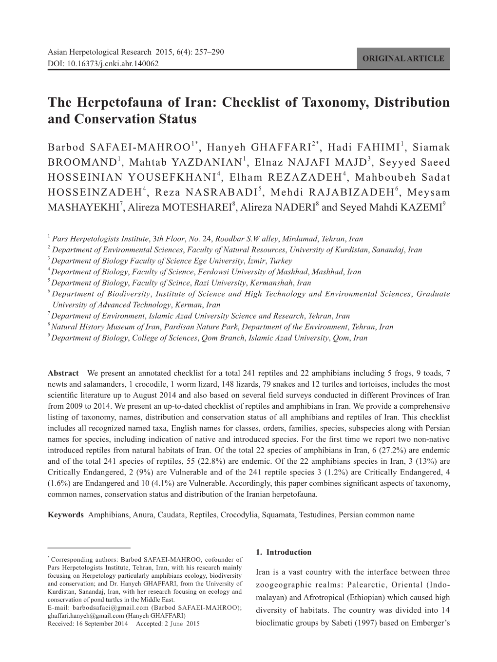The Herpetofauna of Iran: Checklist of Taxonomy, Distribution and Conservation Status