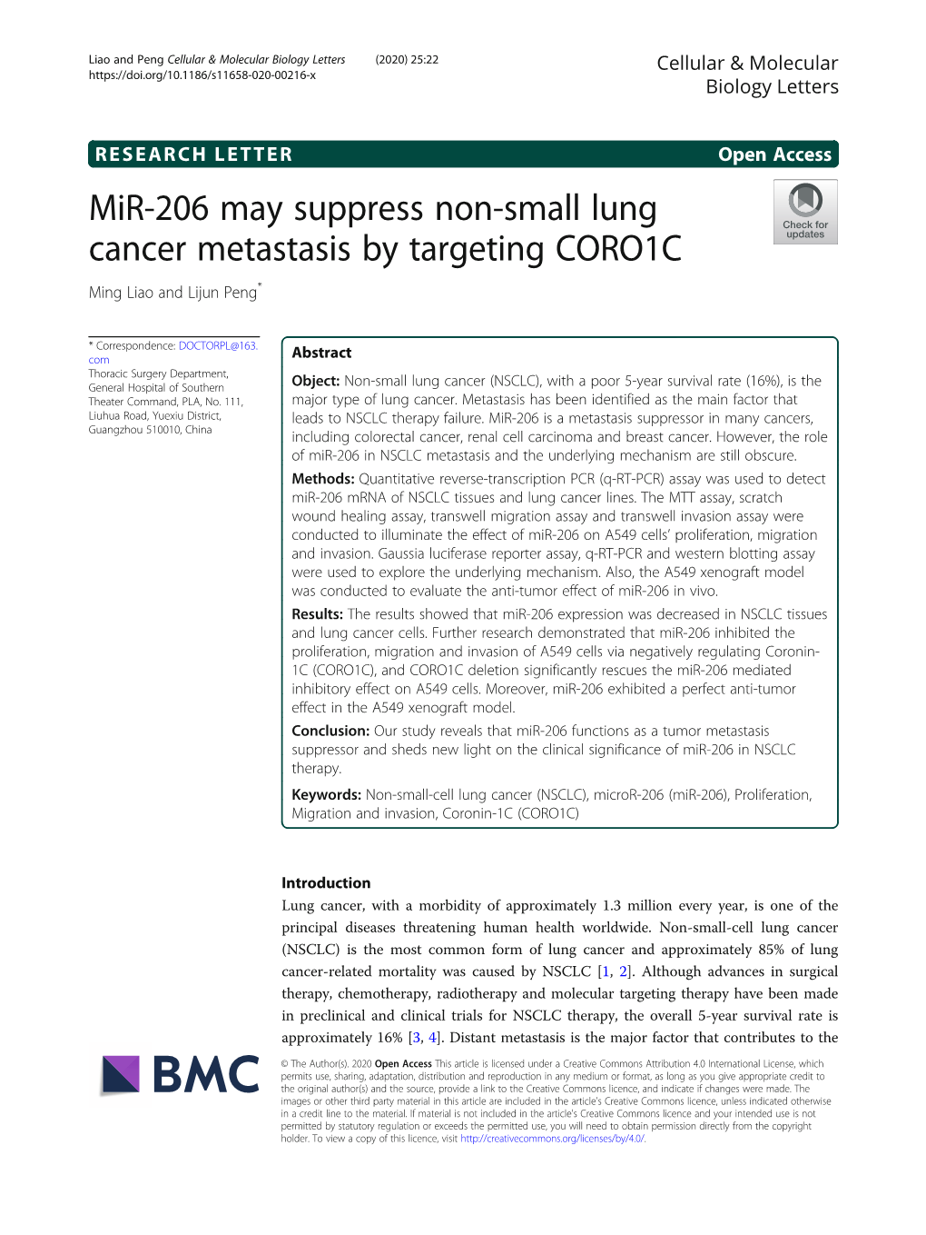 Mir-206 May Suppress Non-Small Lung Cancer Metastasis by Targeting CORO1C Ming Liao and Lijun Peng*