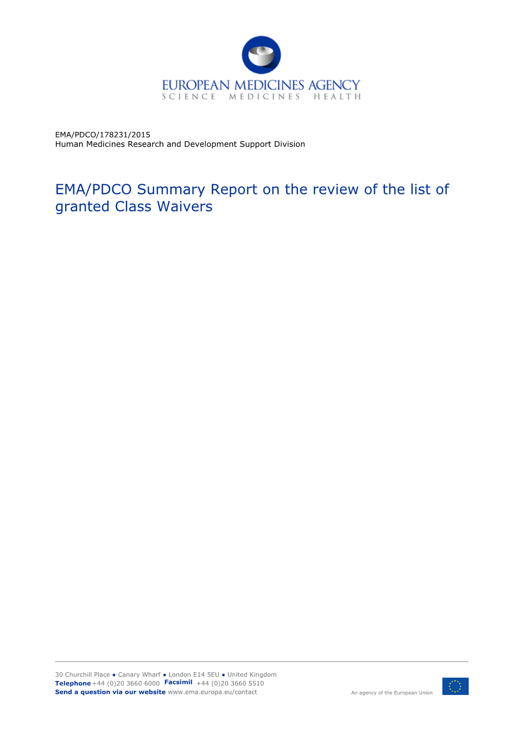 EMA/PDCO Summary Report on the Review of the List of Granted Class Waivers