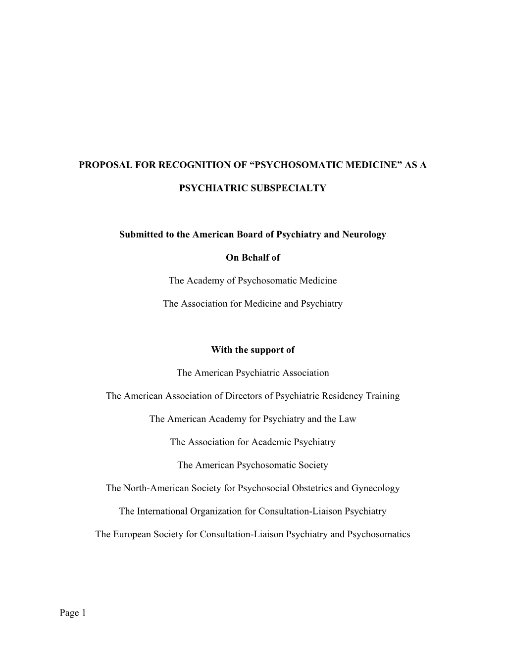 Proposal for Recognition of “Psychosomatic Medicine” As A