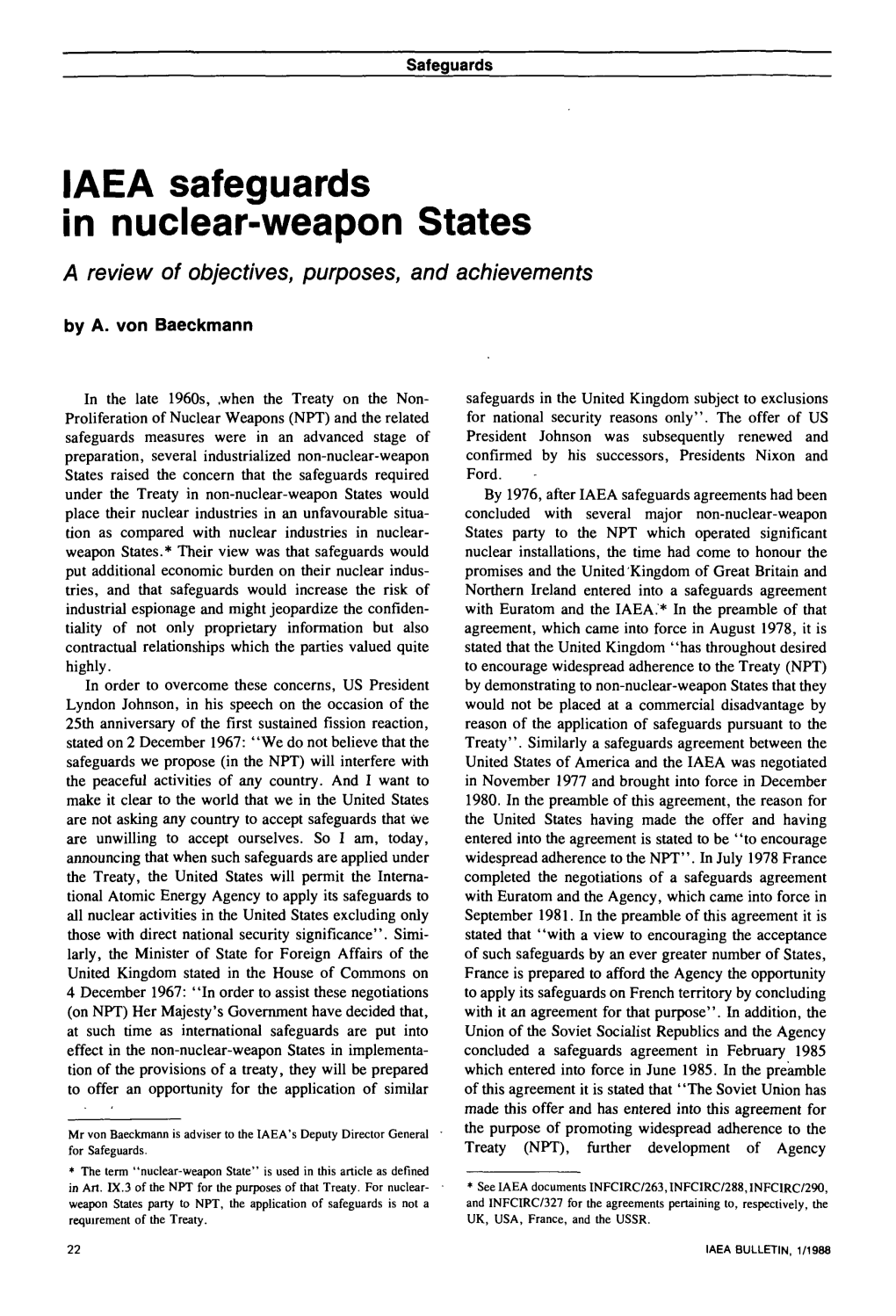 IAEA Safeguards in Nuclear-Weapon States a Review of Objectives, Purposes, and Achievements by A