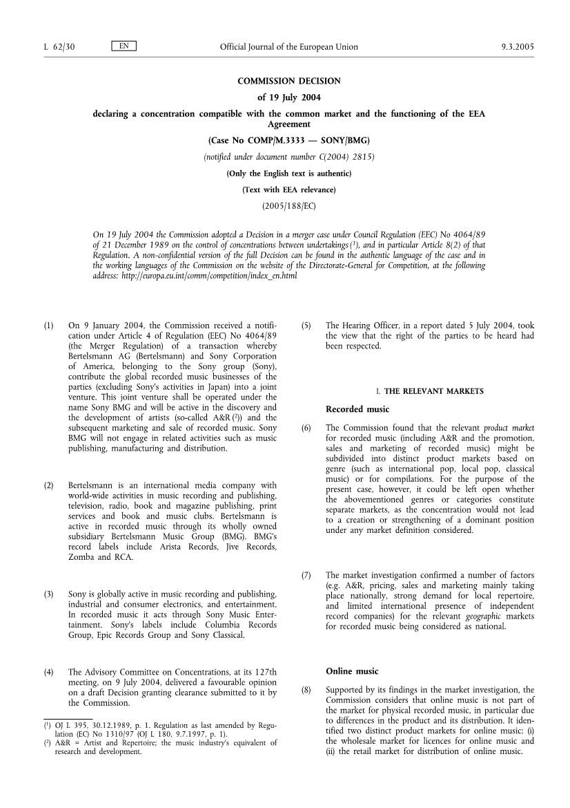 COMMISSION DECISION of 19 July 2004 Declaring a Concentration