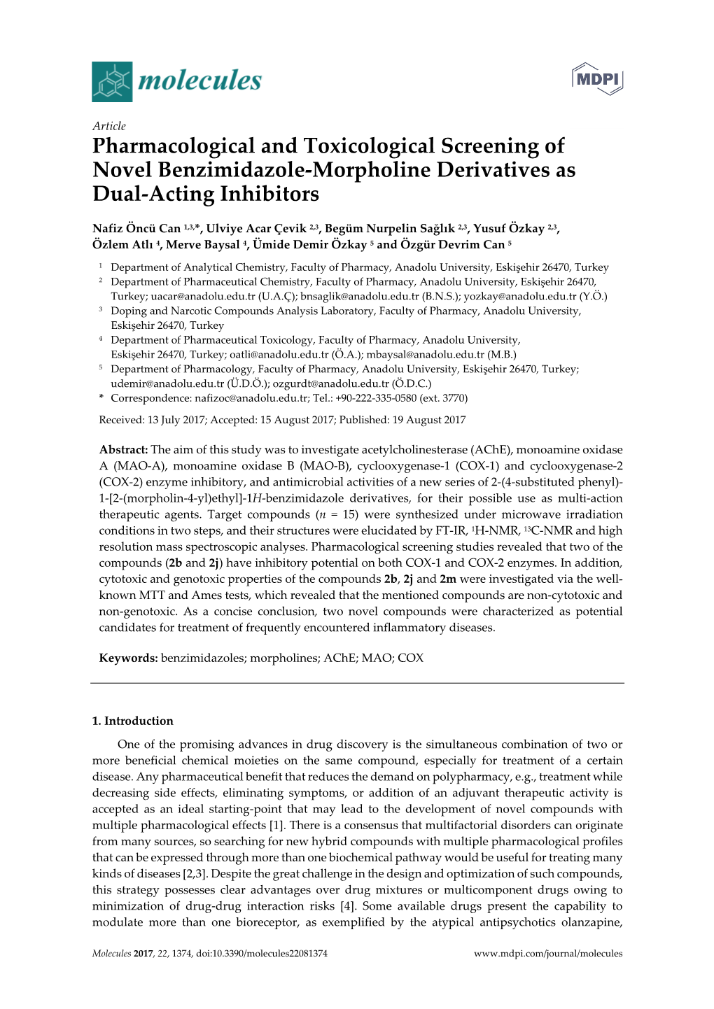 Pharmacological and Toxicological Screening of Novel Benzimidazole-Morpholine Derivatives As Dual-Acting Inhibitors