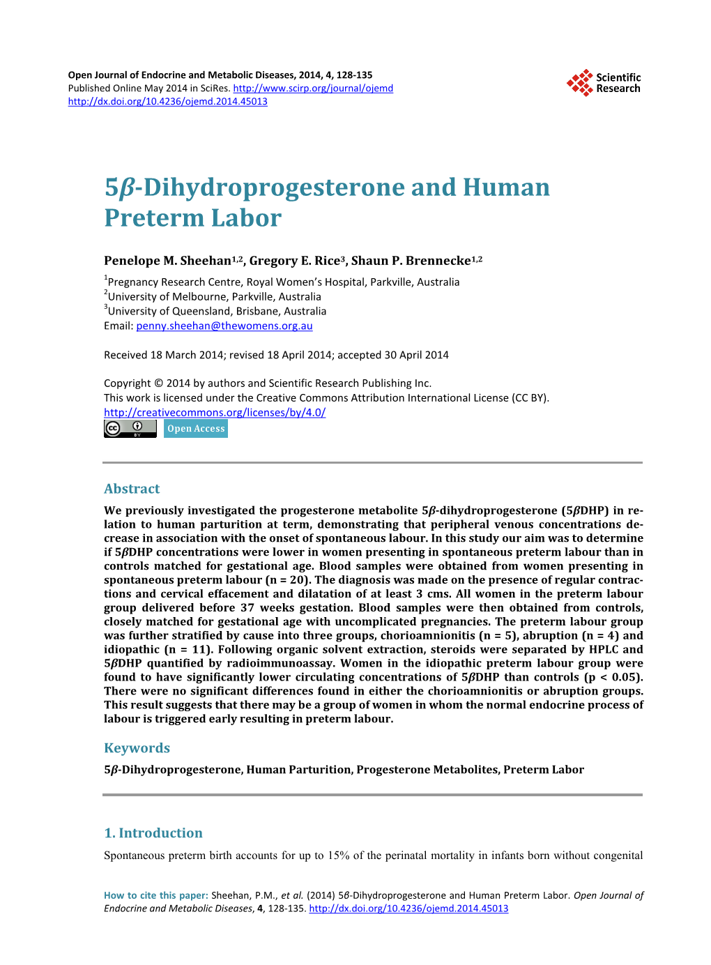 5Β-Dihydroprogesterone and Human Preterm Labor