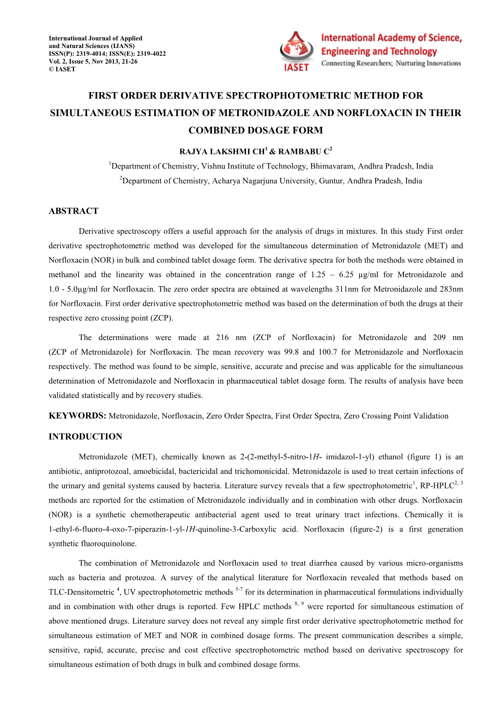 First Order Derivative Spectrophotometric Method for Simultaneous Estimation of Metronidazole and Norfloxacin in Their Combined Dosage Form