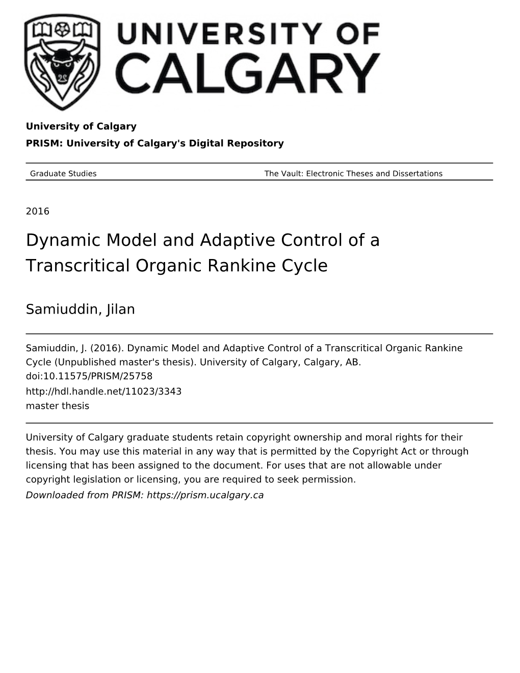 Dynamic Model and Adaptive Control of a Transcritical Organic Rankine Cycle