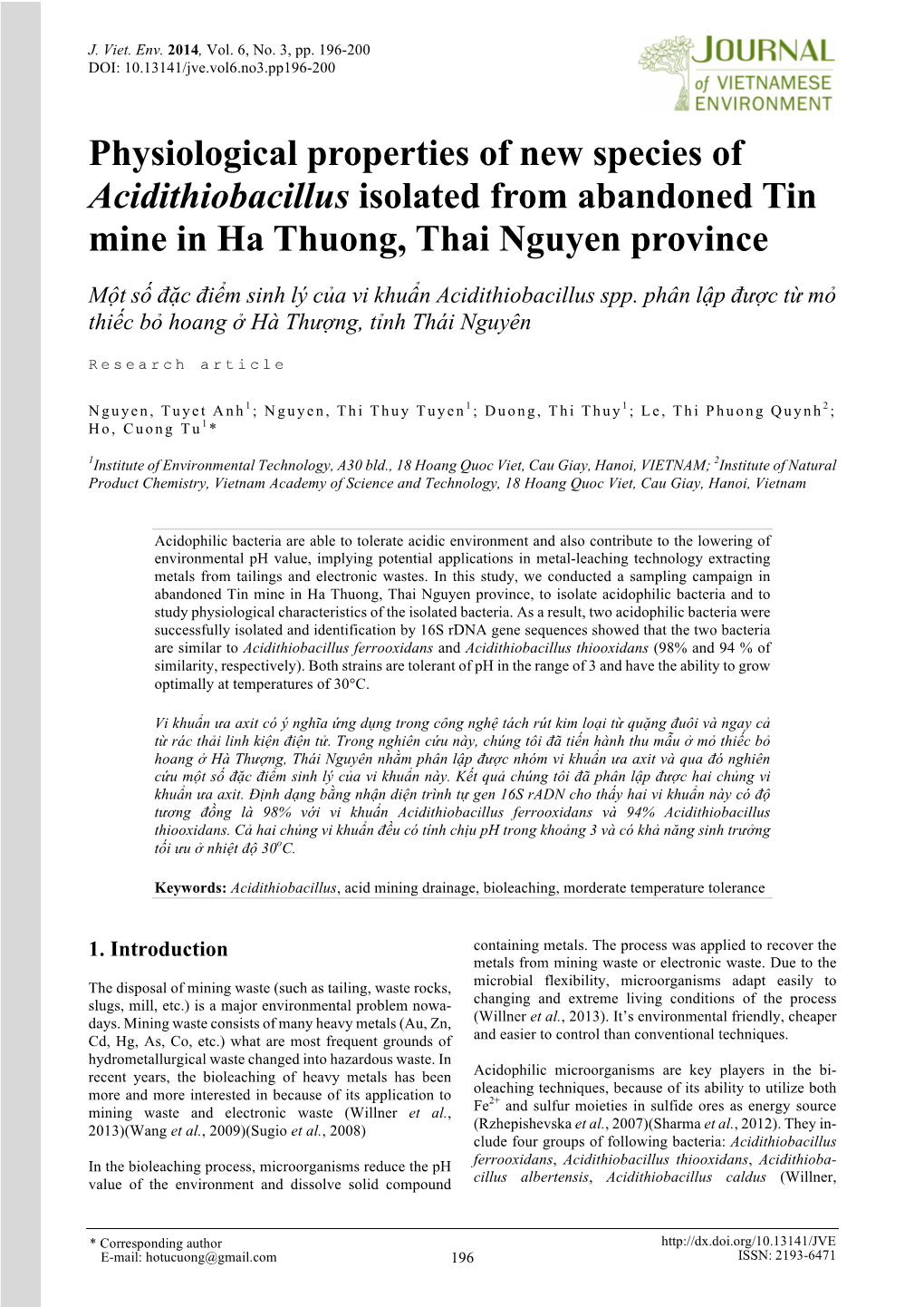 Physiological Properties of New Species of Acidithiobacillus Isolated from Abandoned Tin Mine in Ha Thuong, Thai Nguyen Province