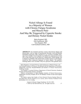 Nickel Allergy Is Found in a Majority of Women with Chronic Fatigue Syndrome and Muscle Pain– and May Be Triggered by Cigarette Smoke and Dietary Nickel Intake