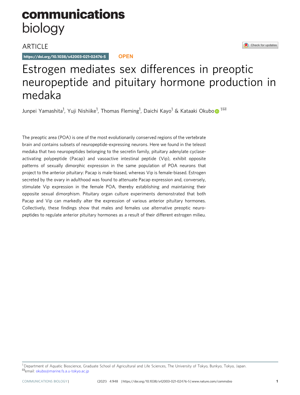 Estrogen Mediates Sex Differences in Preoptic Neuropeptide and Pituitary