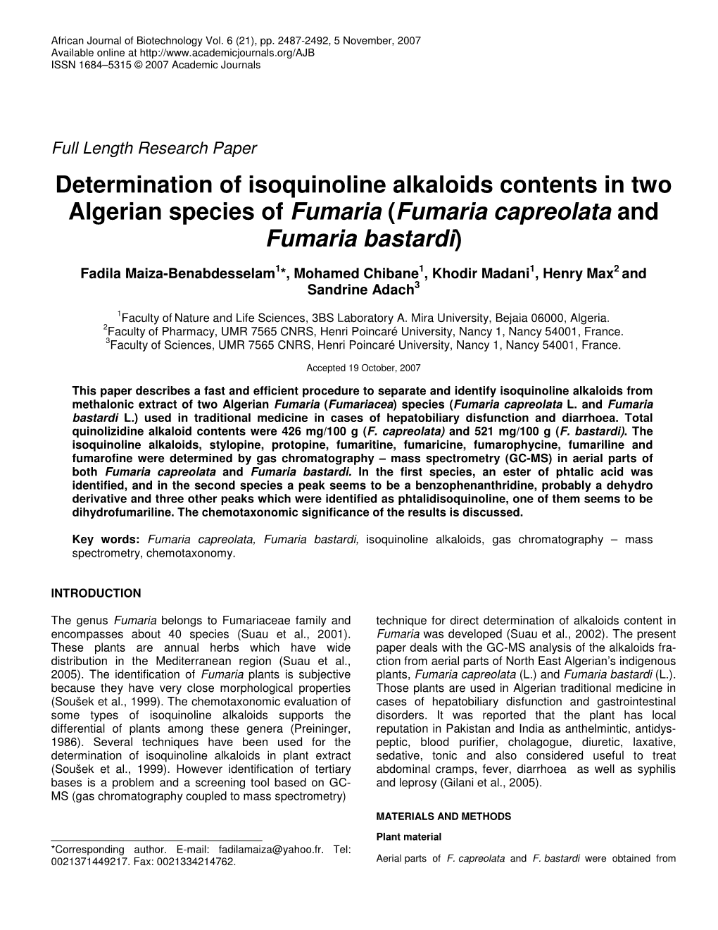 Determination of Isoquinoline Alkaloids Contents in Two Algerian Species of Fumaria (Fumaria Capreolata and Fumaria Bastardi)