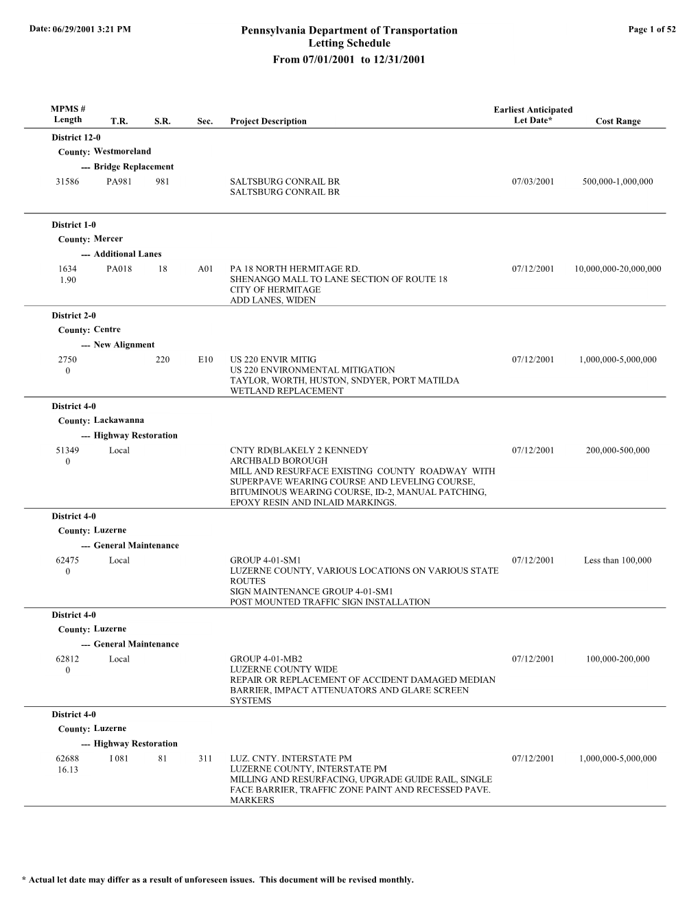 Pennsylvania Department of Transportation Letting Schedule from 07/01/2001 to 12/31/2001