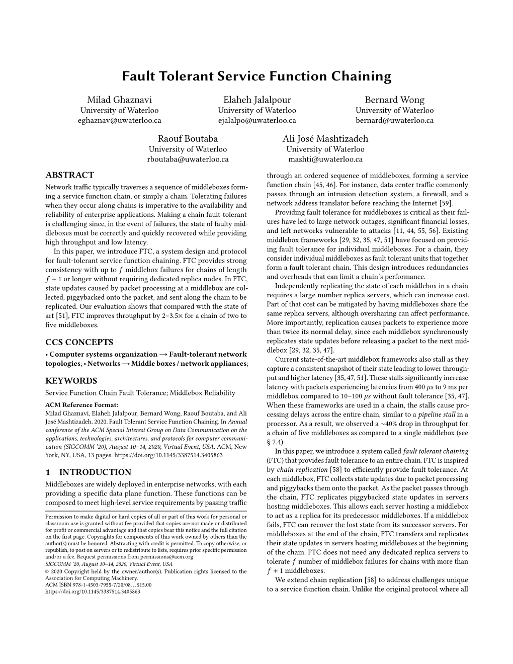 Fault Tolerant Service Function Chaining