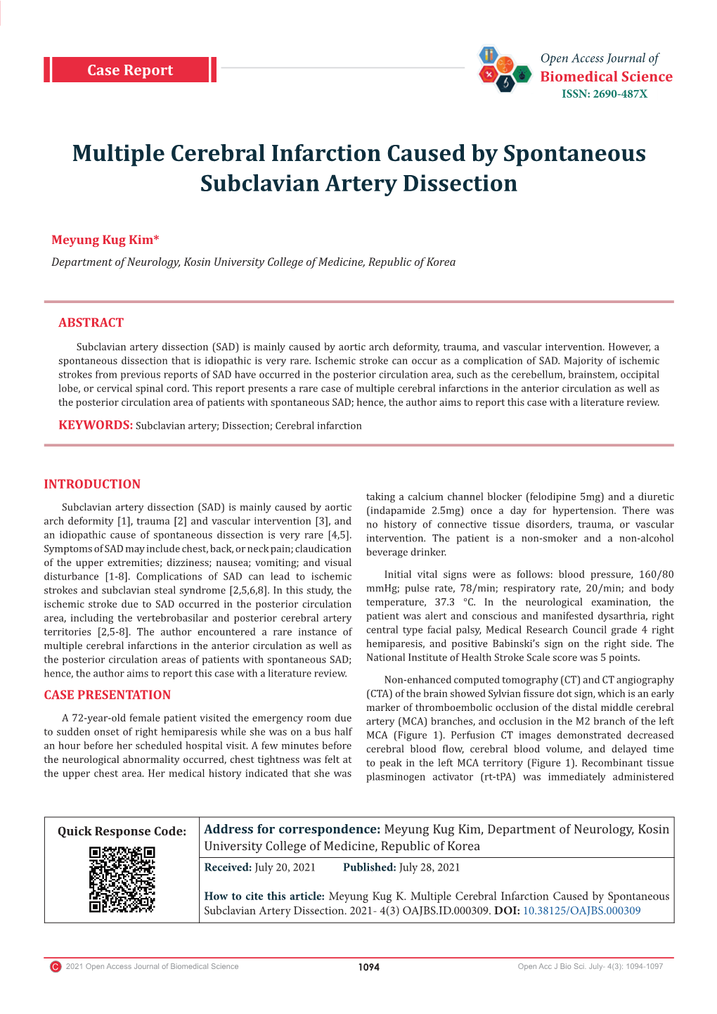 Multiple Cerebral Infarction Caused by Spontaneous Subclavian Artery Dissection