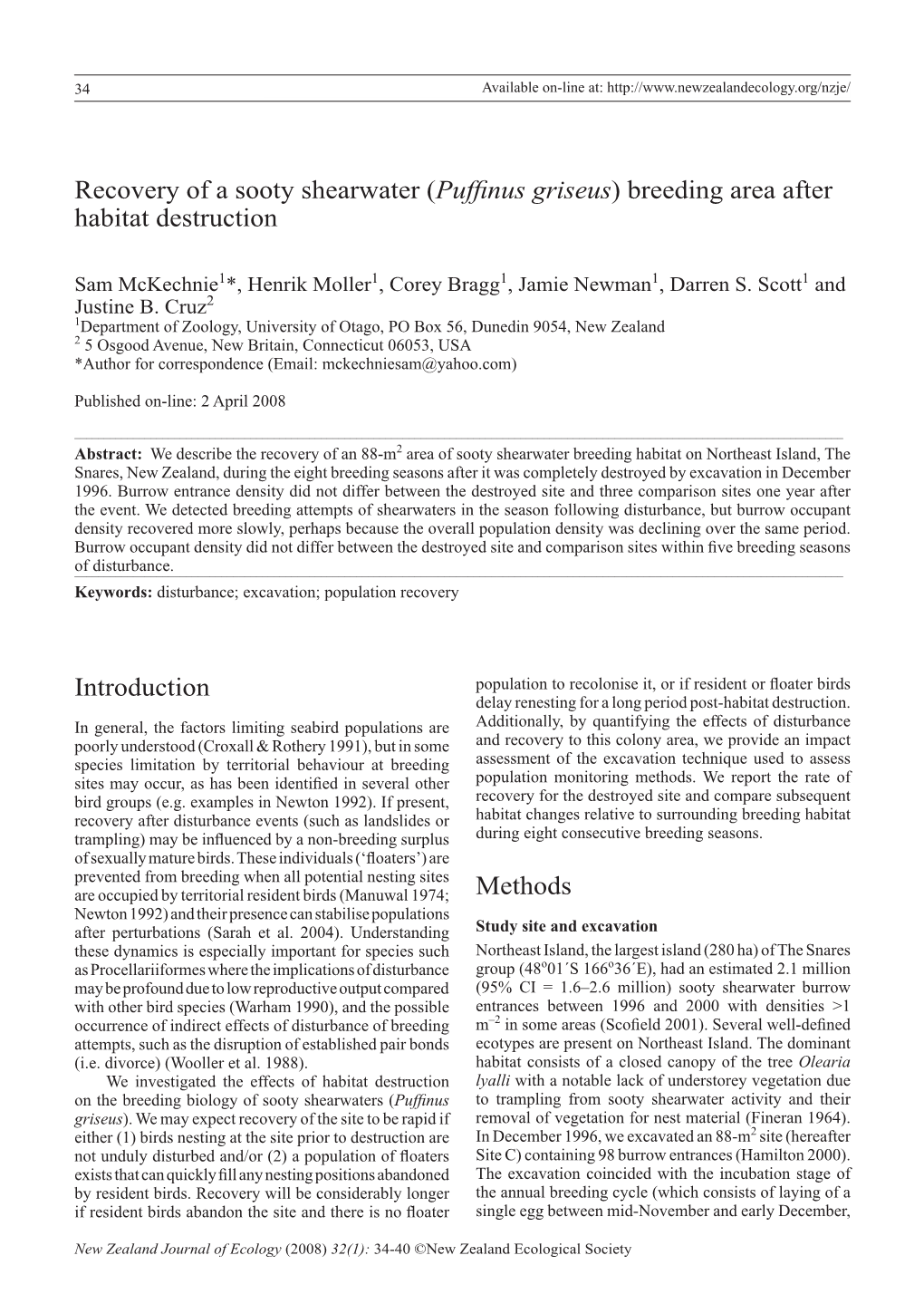 Recovery of a Sooty Shearwater (Puffinus Griseus) Breeding Area After Habitat Destruction