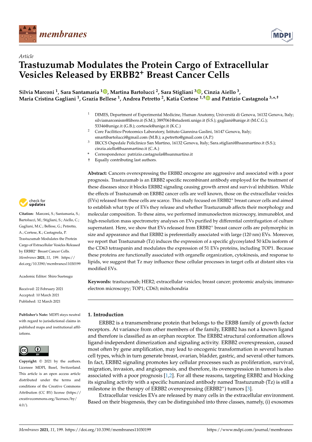 Trastuzumab Modulates the Protein Cargo of Extracellular Vesicles Released by ERBB2+ Breast Cancer Cells