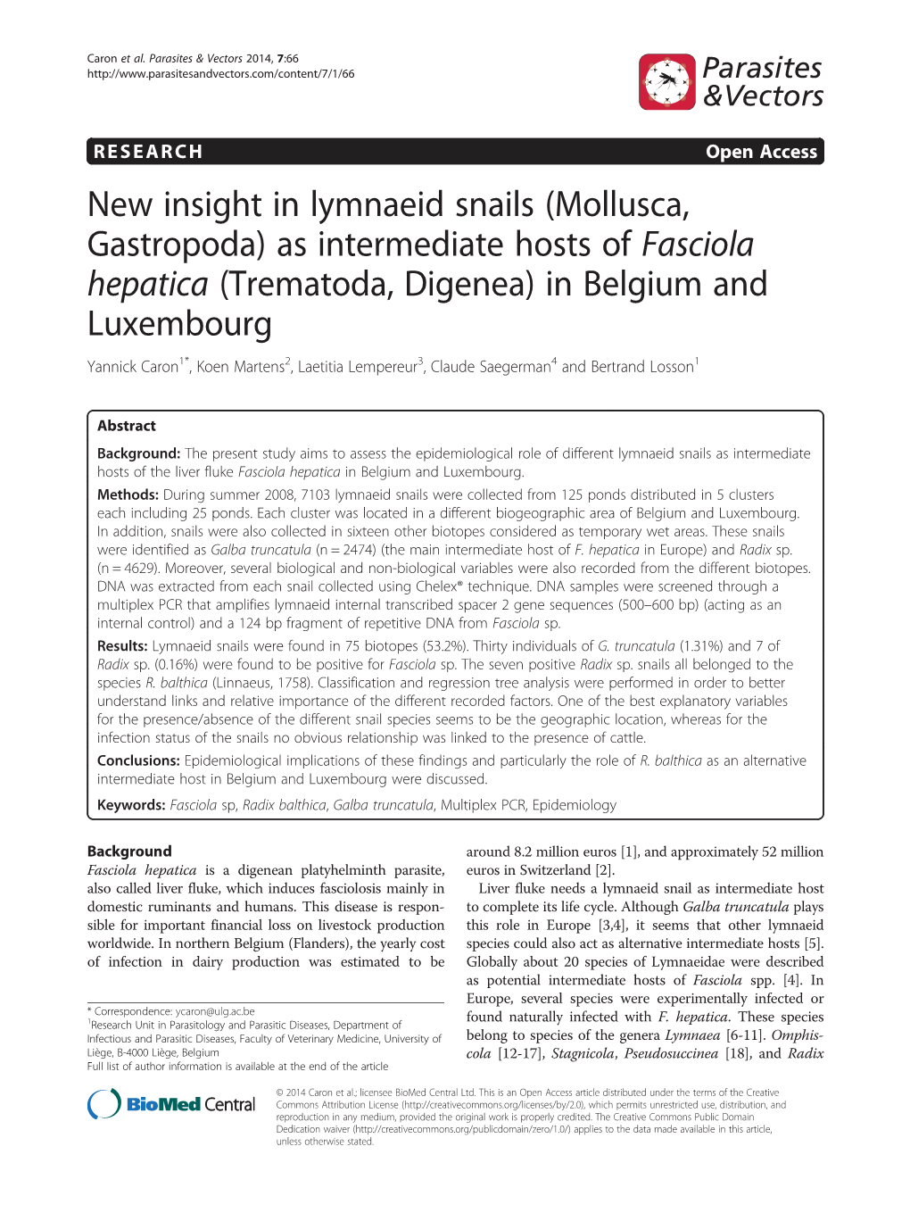 As Intermediate Hosts of Fasciola Hepatica (Trematoda, Digenea)