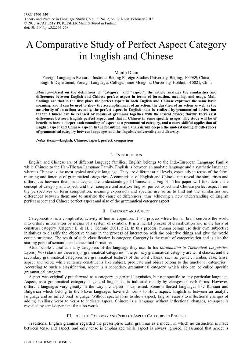 A Comparative Study of Perfect Aspect Category in English and Chinese
