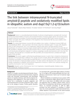 The Link Between Intraneuronal N-Truncated Amyloid-Β Peptide and Oxidatively Modified Lipids in Idiopathic Autism and Dup(15Q11