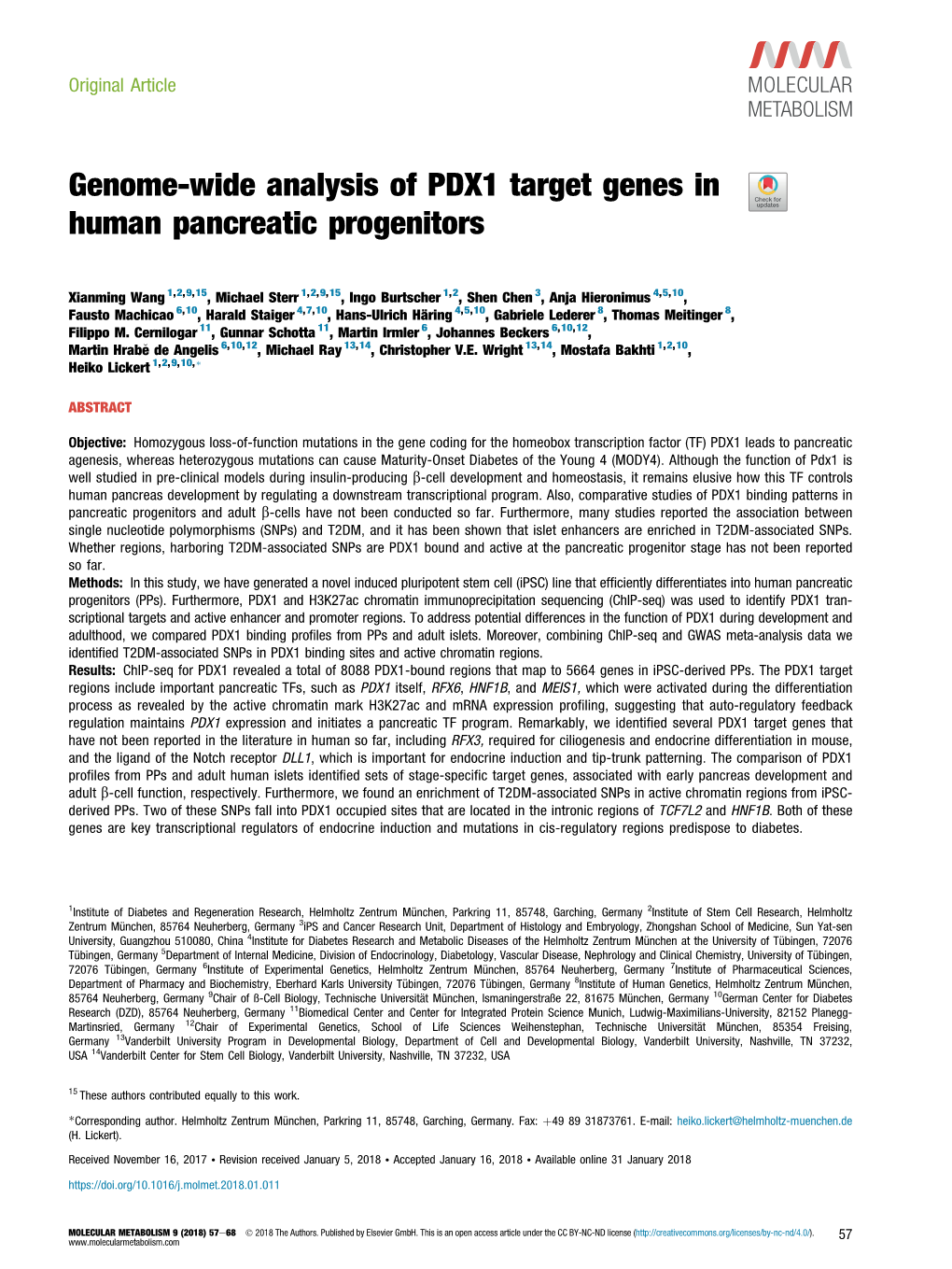 Genome-Wide Analysis of PDX1 Target Genes in Human Pancreatic Progenitors