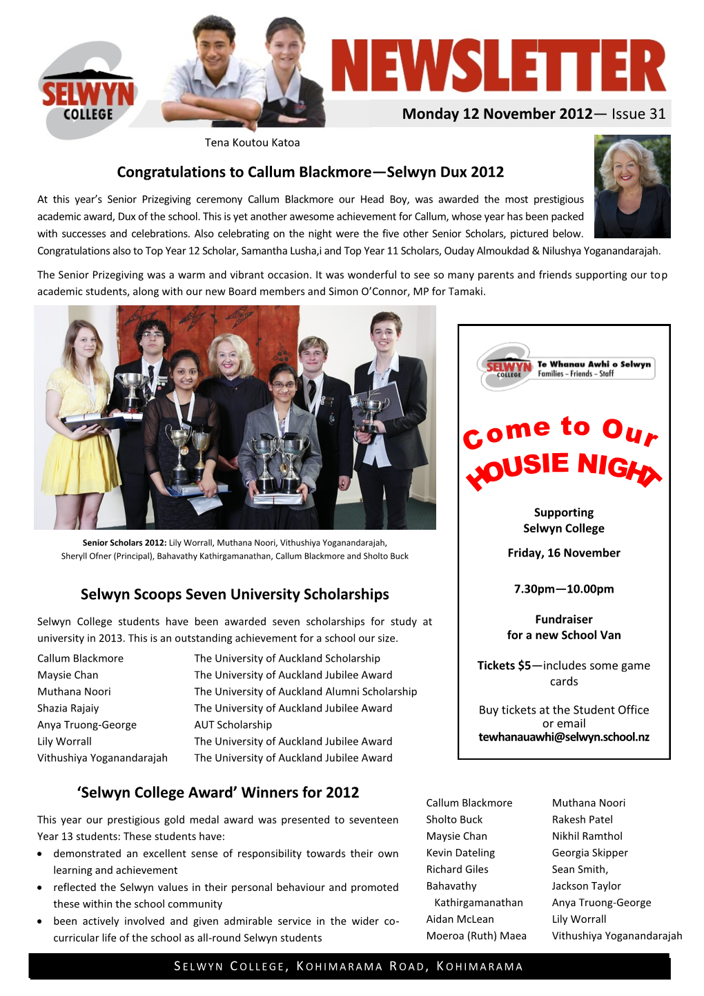 Congratulations to Callum Blackmore—Selwyn Dux 2012