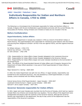 Individuals Responsible for Indian and Northern Affairs in Canada, 1755 to 2006