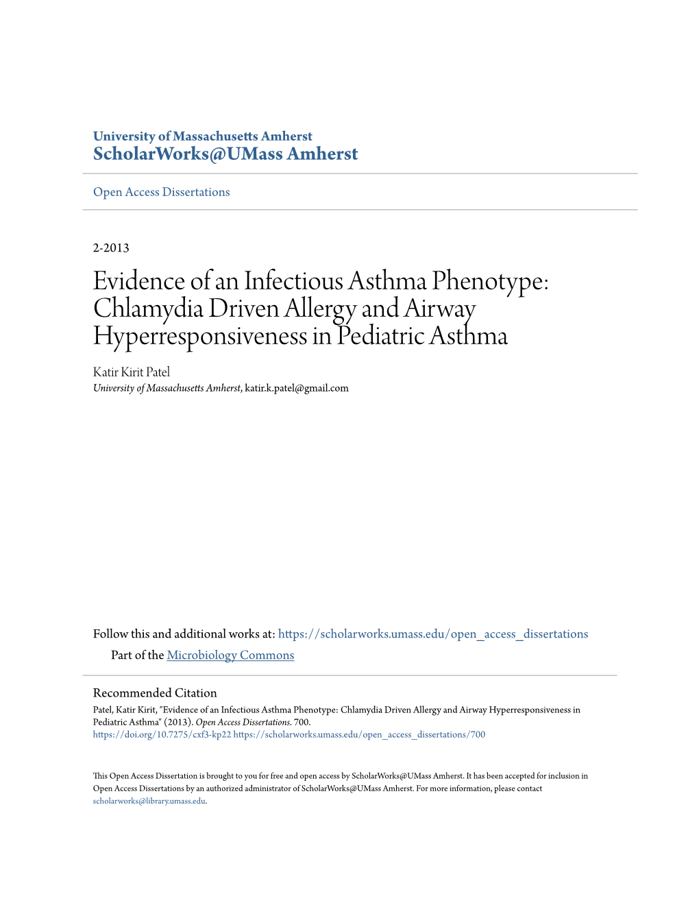 Chlamydia Driven Allergy and Airway Hyperresponsiveness in Pediatric Asthma Katir Kirit Patel University of Massachusetts Amherst, Katir.K.Patel@Gmail.Com