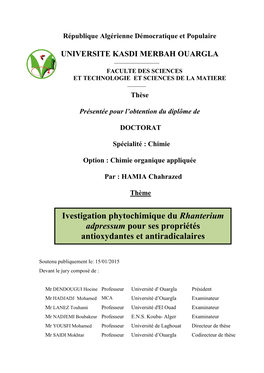 Ivestigation Phytochimique Du Rhanterium Adpressum Pour Ses Propriétés Antioxydantes Et Antiradicalaires