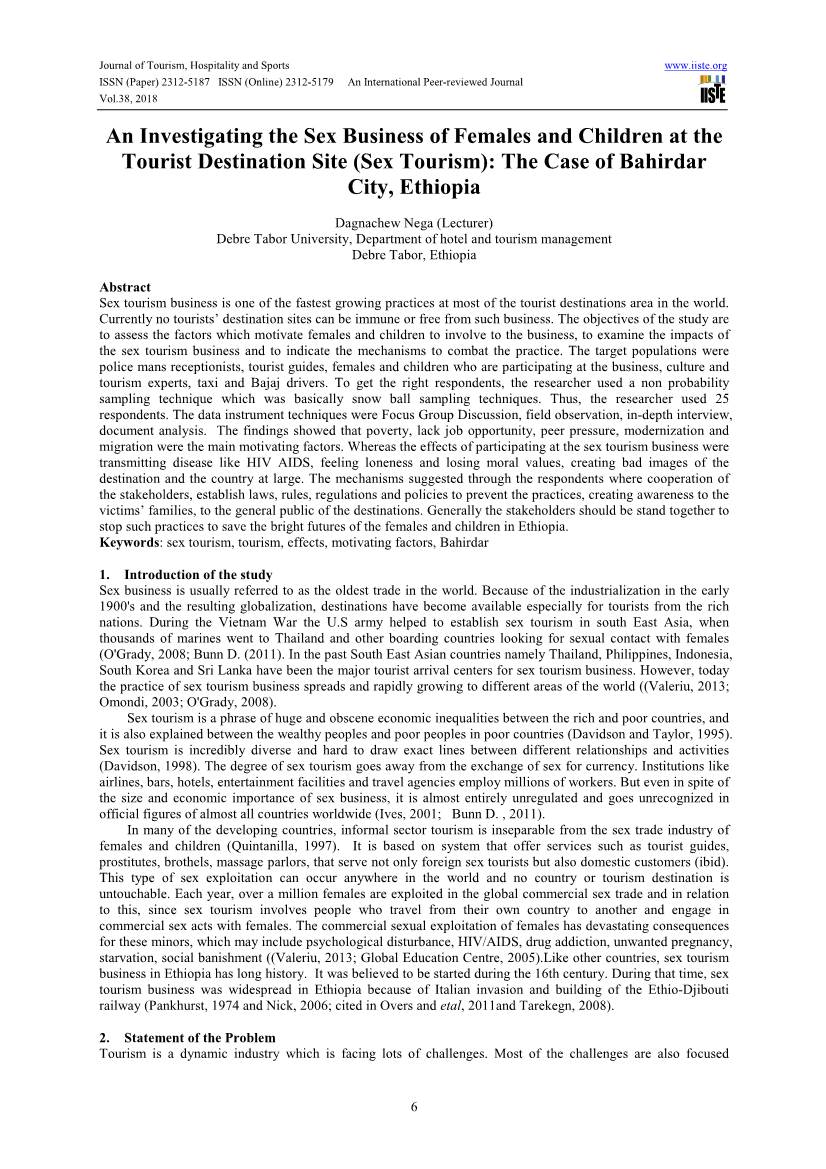 An Investigating the Sex Business of Females and Children at the Tourist Destination Site (Sex Tourism): the Case of Bahirdar City, Ethiopia
