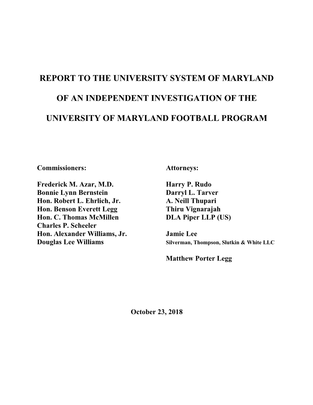 Report to the University System of Maryland of An